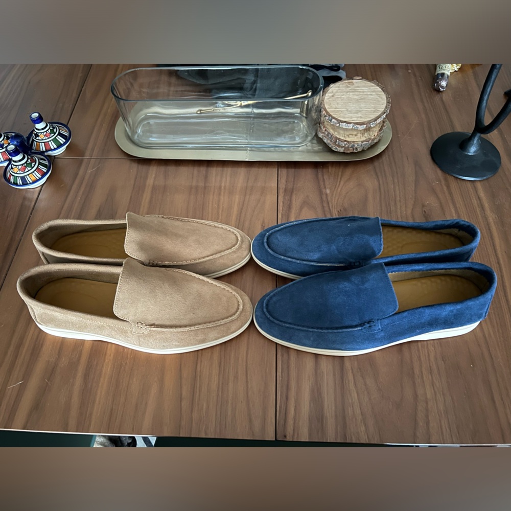 Men’s suede dress loafers - tan and blue